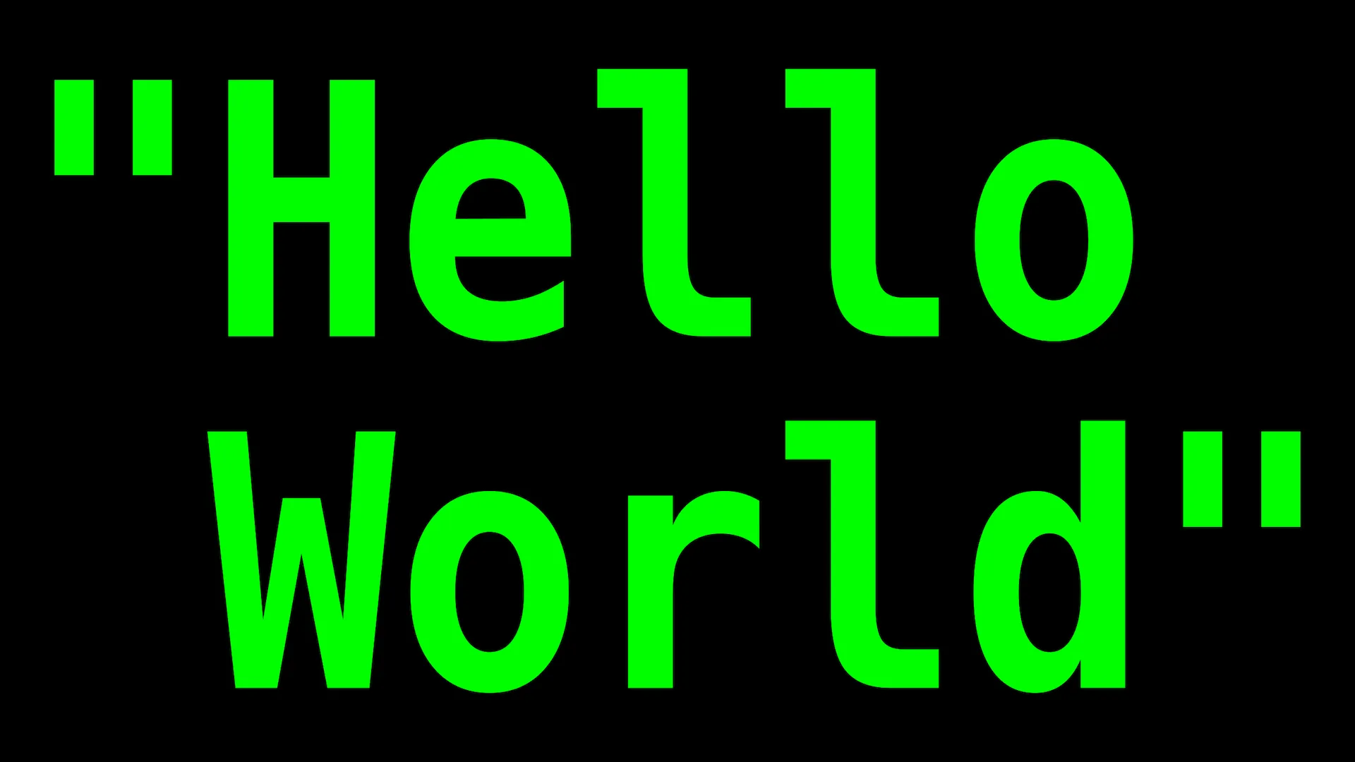 Texto Hello World en color verde fluorescente brillante, con un diseño futurista y tecnológico, sobre un fondo negro sólido que resalta el contraste de colores